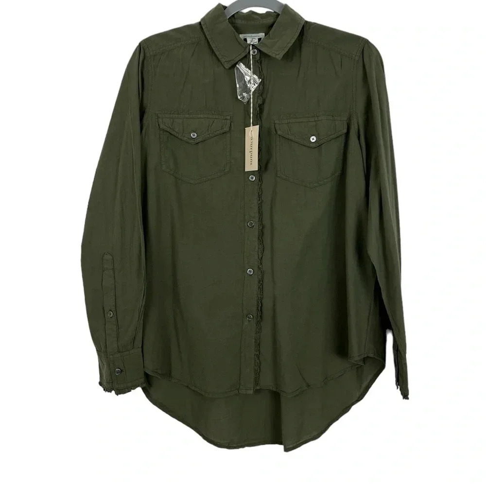 Sundance NEW Women's S V-Neck Long Sleeve Olive Green‎ Lightweight Button Up Top